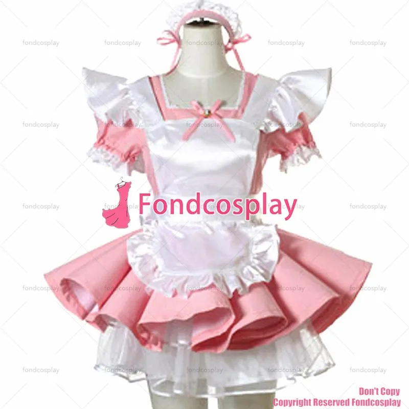 fondcosplay adult sexy cross dressing sissy maid baby pink cotton Dress Uniform white satin apron Costume CD/TV[CK903]