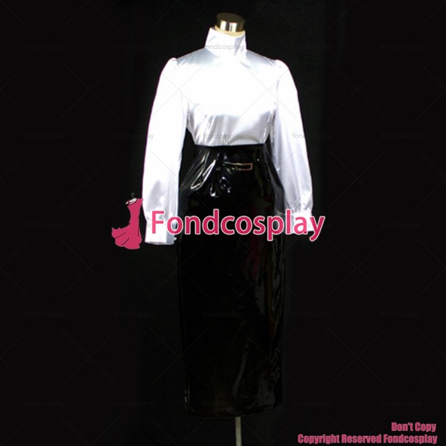 fondcosplay cross dressing sissy maid Gouvernante Fetish white Satin shirt black pvc skirt Lockable Uniform Costume CD/TV[G045]