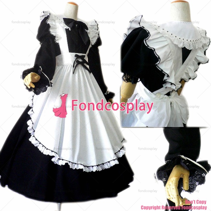 fondcosplay adult sexy cross dressing sissy maid long black Dress Cotton Uniform white apron Costume CD/TV[CK397]