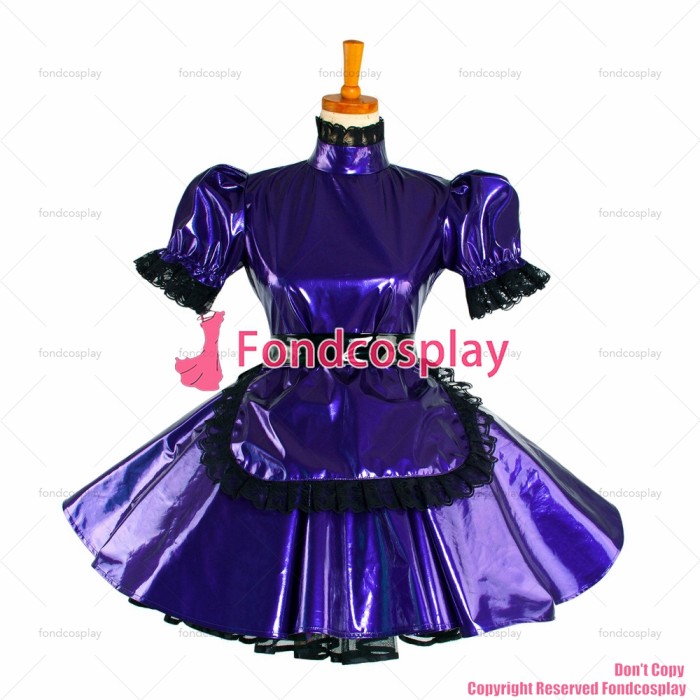 fondcosplay adult sexy cross dressing sissy maid short Lockable Purple thin Pvc Dress Uniform apron costume CD/TV[G1047]