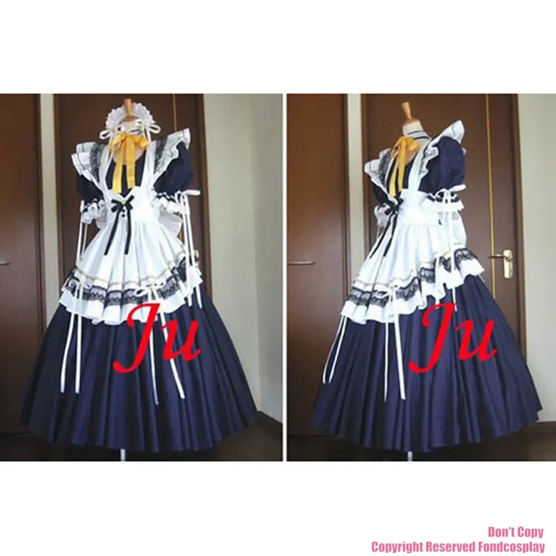 fondcosplay adult sexy cross dressing sissy maid long Navy cotton Dress Lockable white apron Uniform Costume CD/TV[CK852]