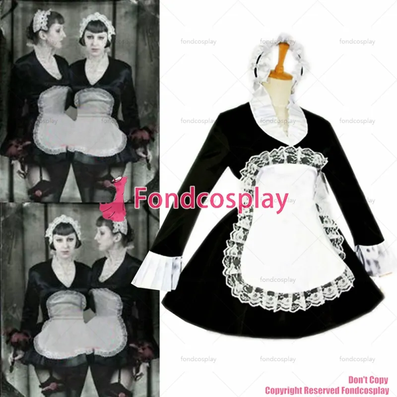fondcosplay adult sexy cross dressing sissy maid short black satin dress lockable Uniform apron costume CD/TV[G099]
