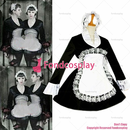 fondcosplay adult sexy cross dressing sissy maid short black satin dress lockable Uniform apron costume CD/TV[G099]