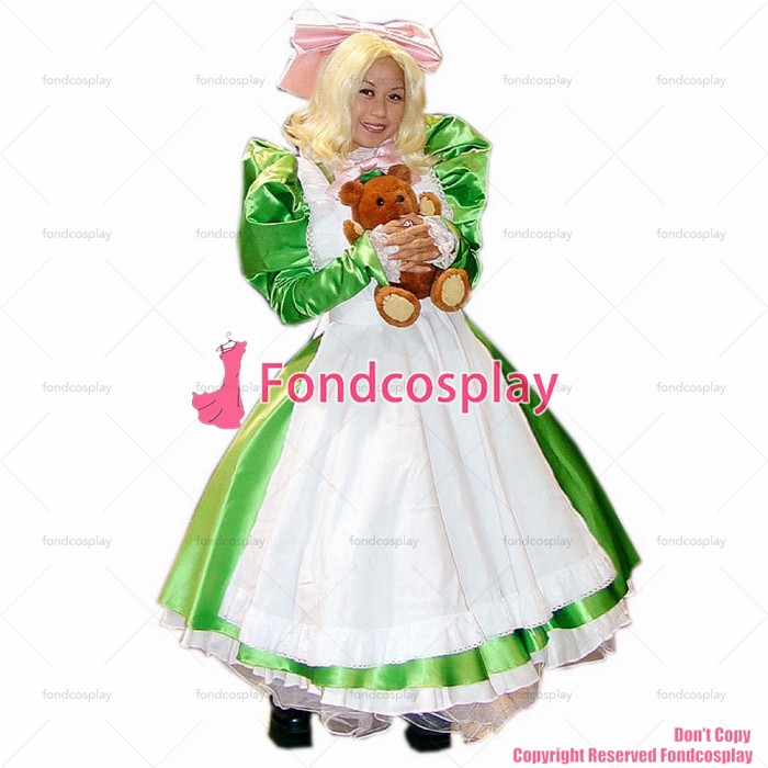 fondcosplay adult sexy cross dressing sissy maid long green Satin Dress Lockable Uniform Cosplay Costume CD/TV[CK091]