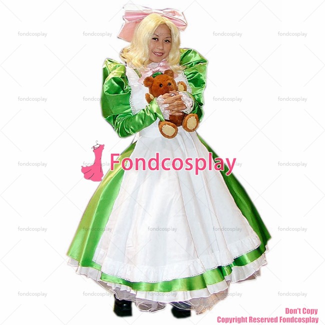 fondcosplay adult sexy cross dressing sissy maid long green Satin Dress Lockable Uniform Cosplay Costume CD/TV[CK091]