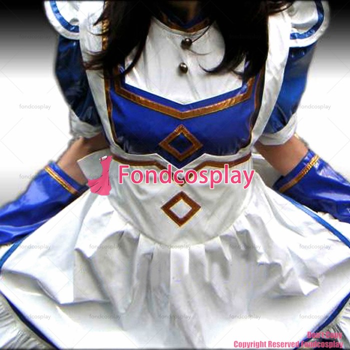 fondcosplay adult sexy cross dressing sissy maid long blue thin Pvc Lockable Dress Uniform Cosplay Costume CD/TV[CK939]