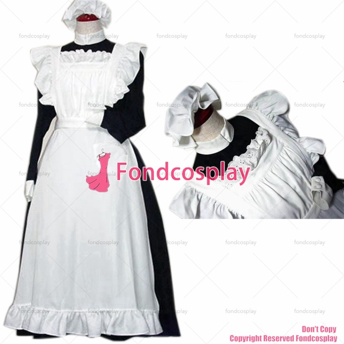 fondcosplay adult sexy cross dressing sissy maid long black Cotton Dress white apron Uniform Cosplay Costume CD/TV[CK813]