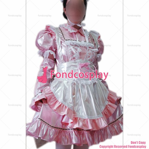 fondcosplay adult sexy cross dressing sissy maid long baby pink thin Pvc Lockable Dress Uniform apron Costume CD/TV[CK949]