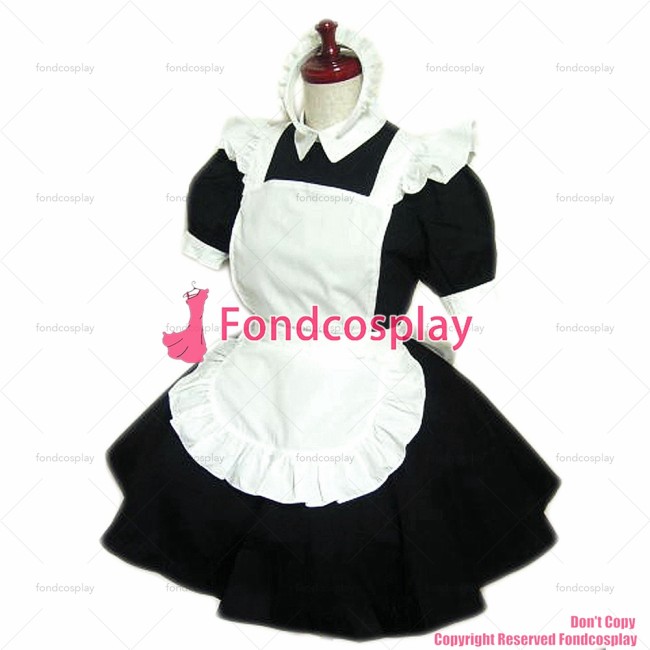 fondcosplay adult sexy cross dressing sissy maid black Cotton Lockable Dress Uniform white apron Costume CD/TV[CK763]