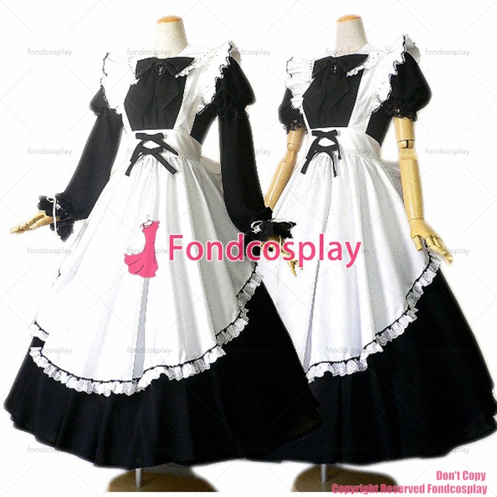 fondcosplay adult sexy cross dressing sissy maid long black Dress Cotton Uniform white apron Costume CD/TV[CK397]