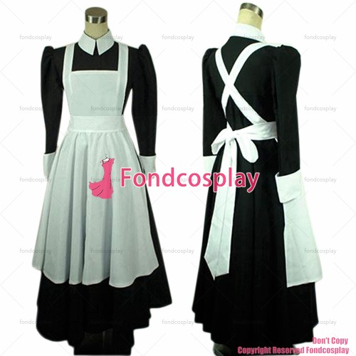 fondcosplay adult sexy cross dressing sissy maid long black Cotton Lockable Dress Uniform white apron Costume CD/TV[CK641]