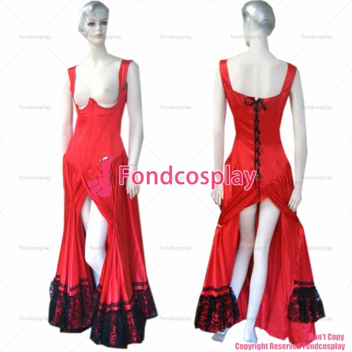 fondcosplay O Dress The Story Of O With Bra Red Satin Dress black lace Open the breast Cosplay Costume CD/TV[G190]