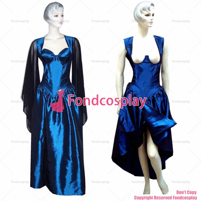 fondcosplay O Dress The Story Of O With Bra Blue Taffeta nude breasted Dress black Chiffon sleeves Costume CD/TV[G315]