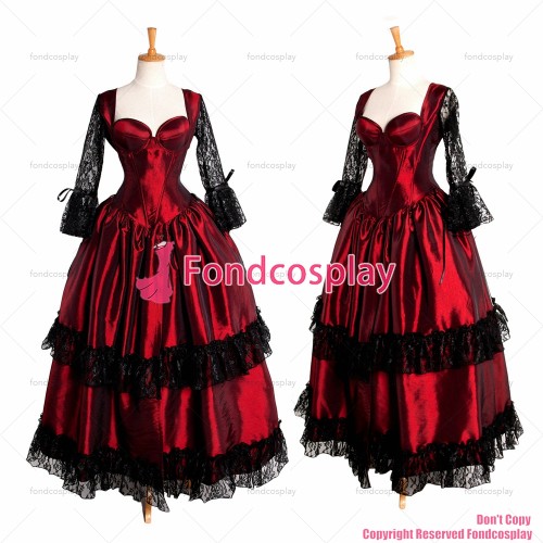 fondcosplay O Dress The Story Of O With Bra Gothic dark red Taffeta Dress black lace Cosplay Costume CD/TV[G212]