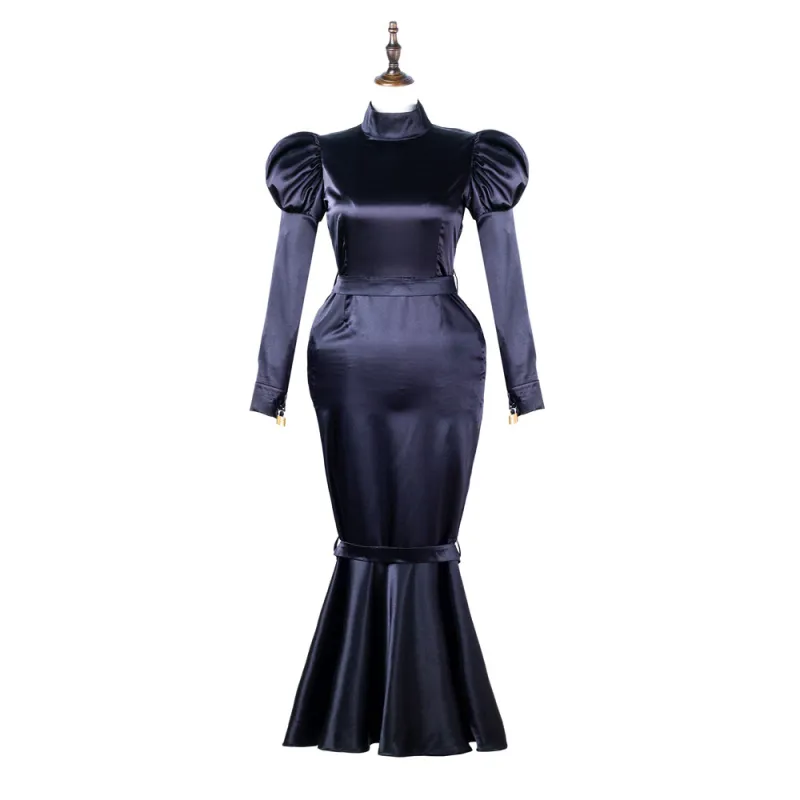 Black Sissy Maid Lockable Satin Fish Tail Long Dress G2249
