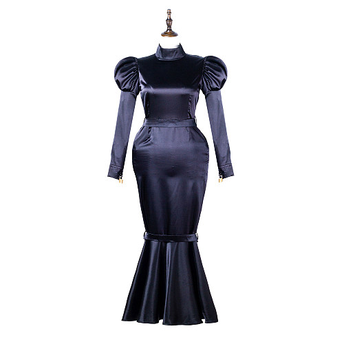 Black Sissy Maid Lockable Satin Fish Tail Long Dress G2249