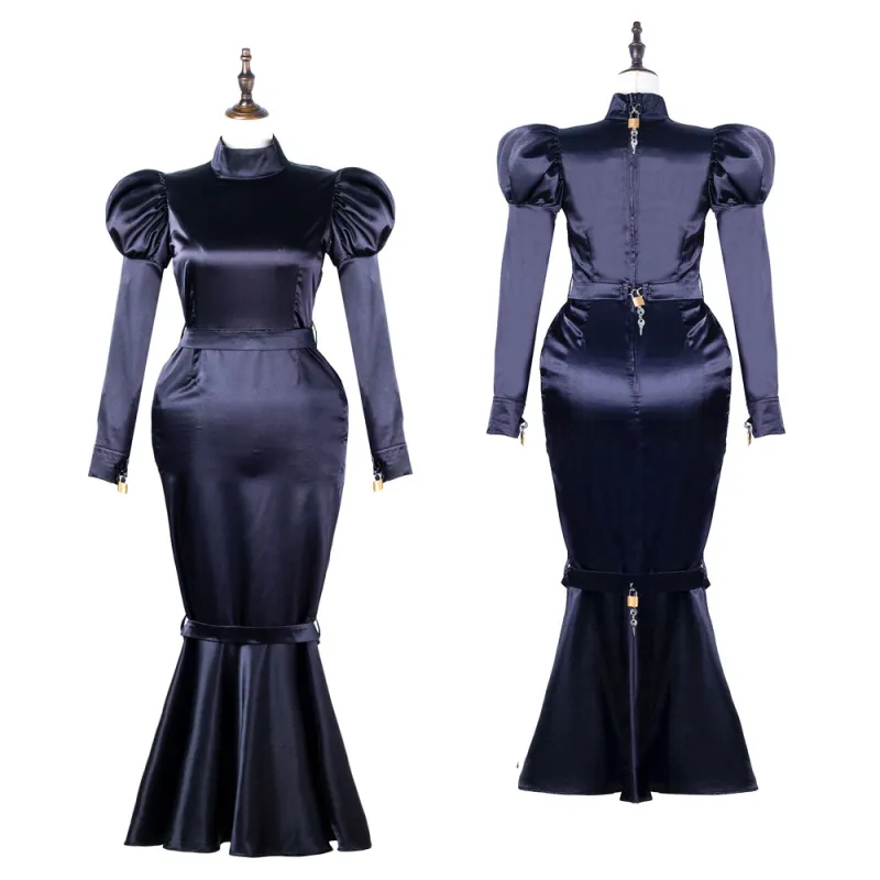 Black Sissy Maid Lockable Satin Fish Tail Long Dress G2249
