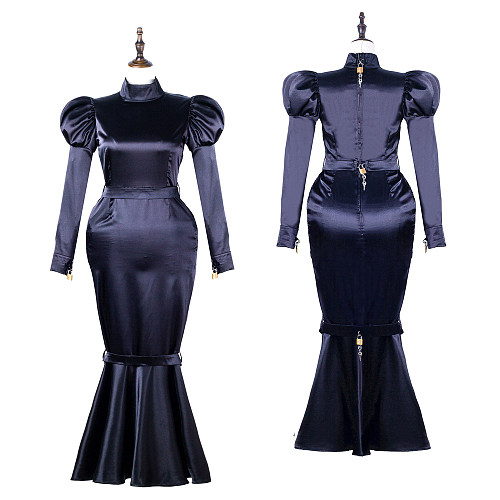 Black Sissy Maid Lockable Satin Fish Tail Long Dress G2249