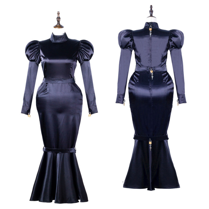 Black Sissy Maid Lockable Satin Long Dress G2249