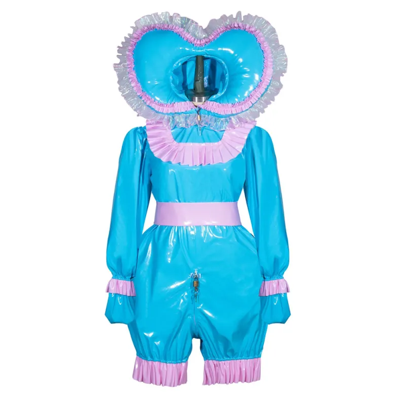 Blue Sissy Maid Lockable Thin PVC Short Romper G3944