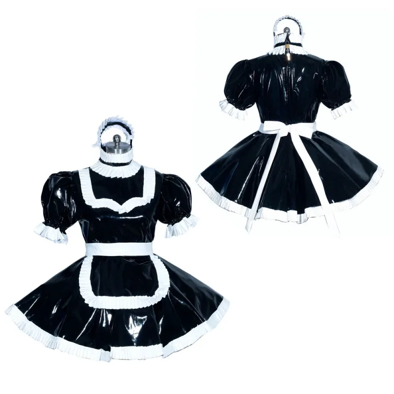 Black Sissy Maid Lockable Heavy PVC Short Dress G3936