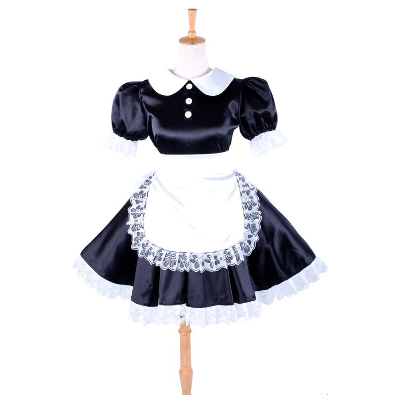 Black Sissy Maid Lockable Satin Short Dress G027