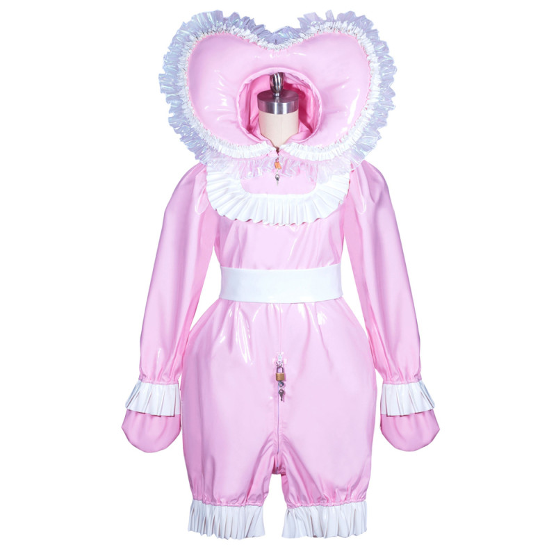 Baby Pink Sissy Maid Lockable Heavy PVC Short Romper G3910