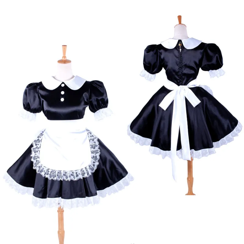 Black Sissy Maid Lockable Satin Short Dress G027