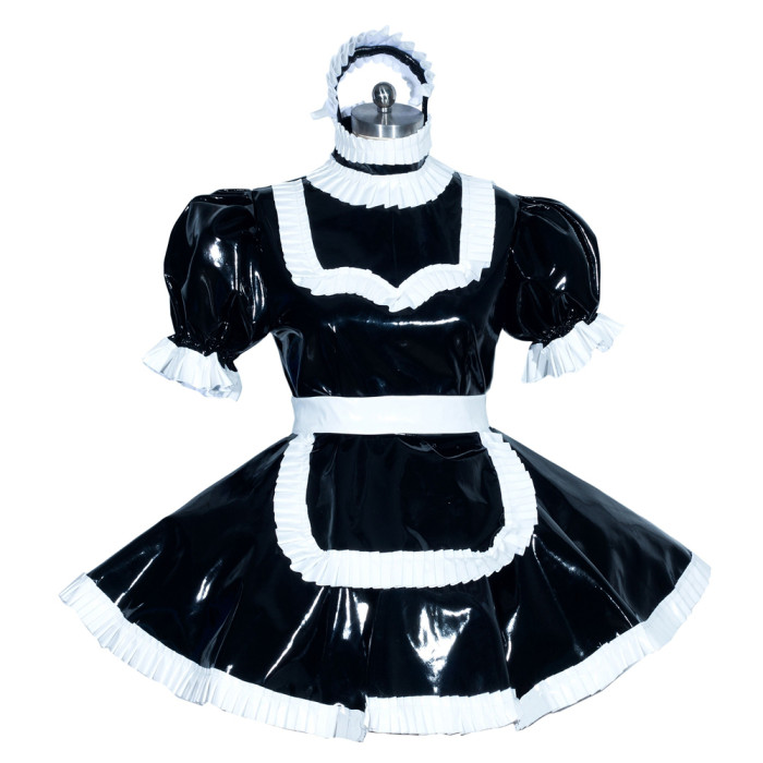 Black Sissy Maid Lockable Heavy PVC Short Dress G3936