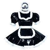 Lockable Black & White Heavy PVC Sissy Maid Dress with Pleated Trim [G3936]