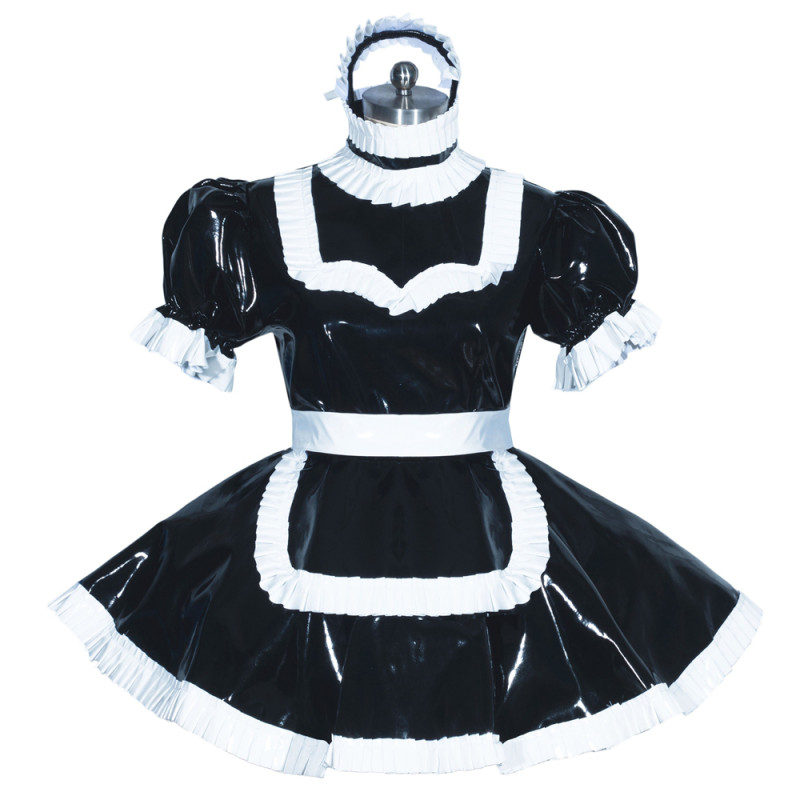 Black Sissy Maid Lockable Heavy PVC Short Dress G3936