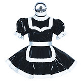 Lockable Black & White Heavy PVC Sissy Maid Dress with Pleated Trim [G3936]