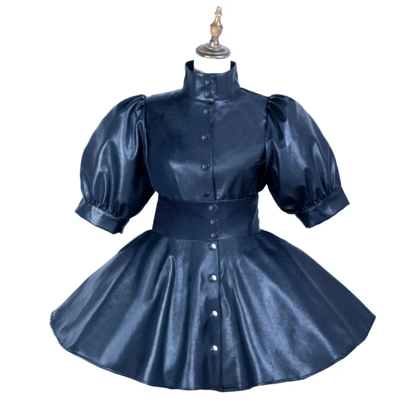Black Sissy Maid Faux Leather Buttons Short Dress G3747
