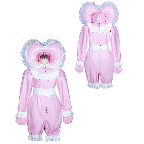 Pink Heavy PVC Sissy Maid Romper with Heart Bonnet – Lockable Handmade Design [G3910]