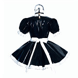 Lockable Black & White Heavy PVC Sissy Maid Dress with Pleated Trim [G3936]