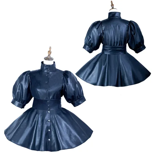 Black Sissy Maid Faux Leather Buttons Short Dress G3747