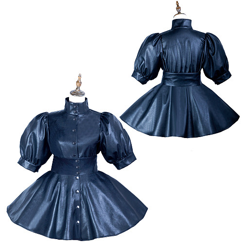 Black Sissy Maid Faux Leather Buttons Short Dress G3747