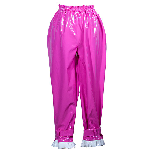 Hot Pink Heavy PVC Lockable Sissy Maid Pants with White Ruffle Cuffs – Handmade [G3775]