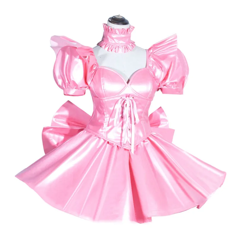 Pink Sissy Maid Lockable Leather Short Dress G3997