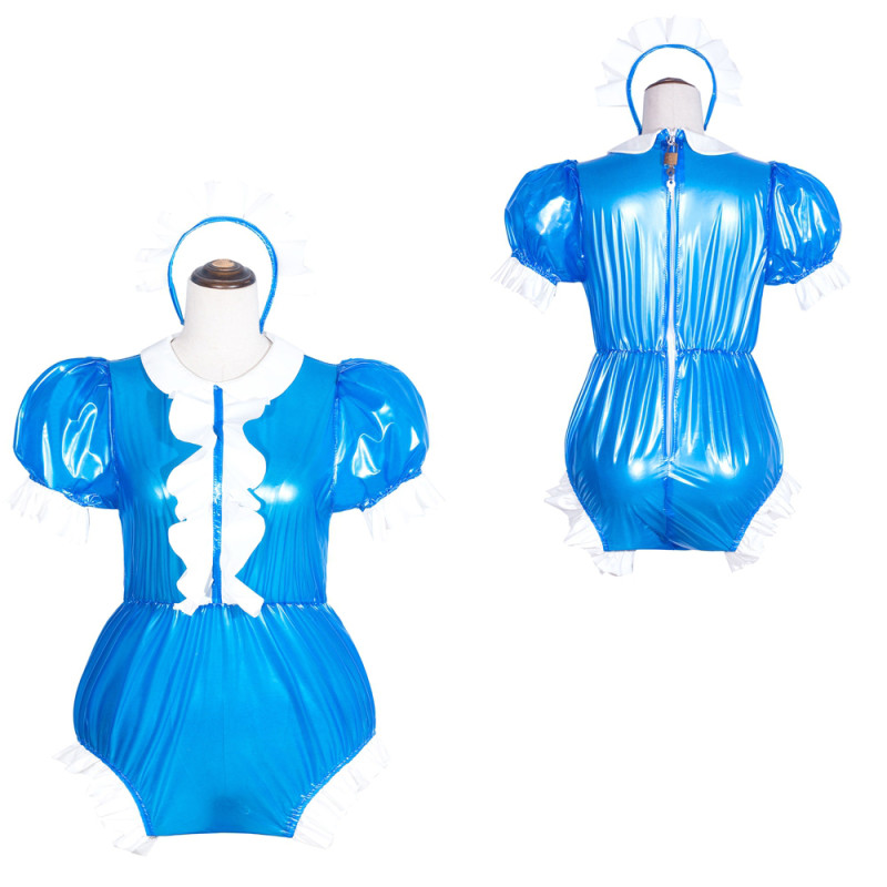 Blue Clear PVC Sissy Maid Lockable Peter Pan Collar Puff Sleeves Short Romper G4065