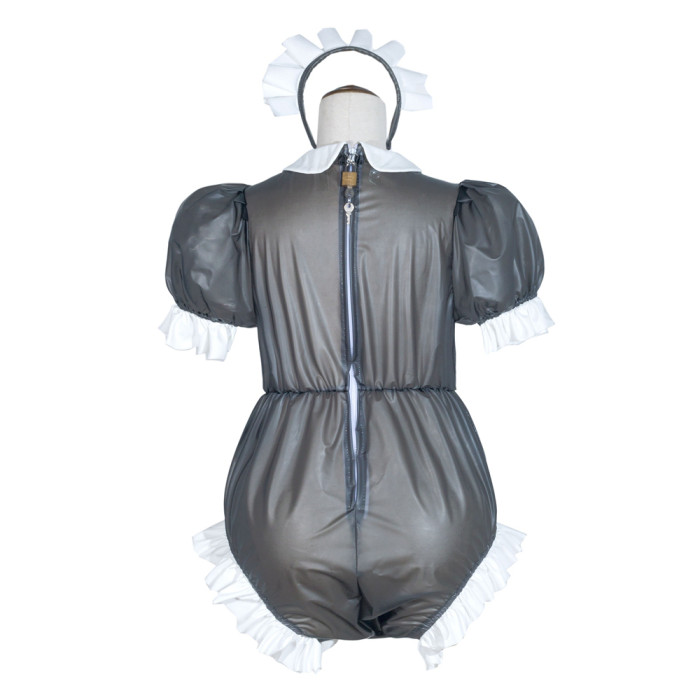 Black Clear PVC Sissy Maid Lockable Peter Pan Collar Puff Sleeves Short Romper G4058