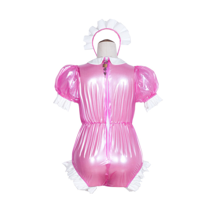Hot Pink Clear PVC Sissy Maid Lockable Peter Pan Collar Puff Sleeves Short Romper G4067