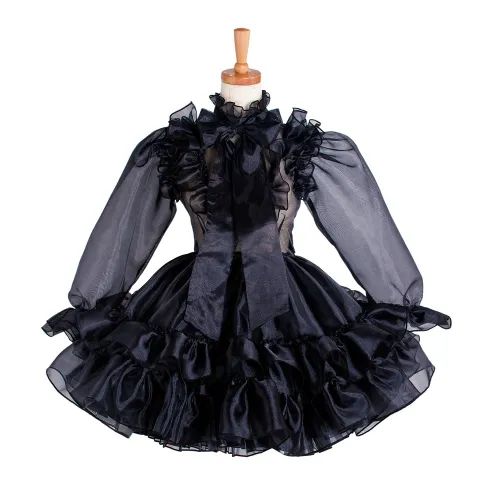 Black Satin Sissy Maid Lockable High Collar Puff Sleeves Short Dress G1214