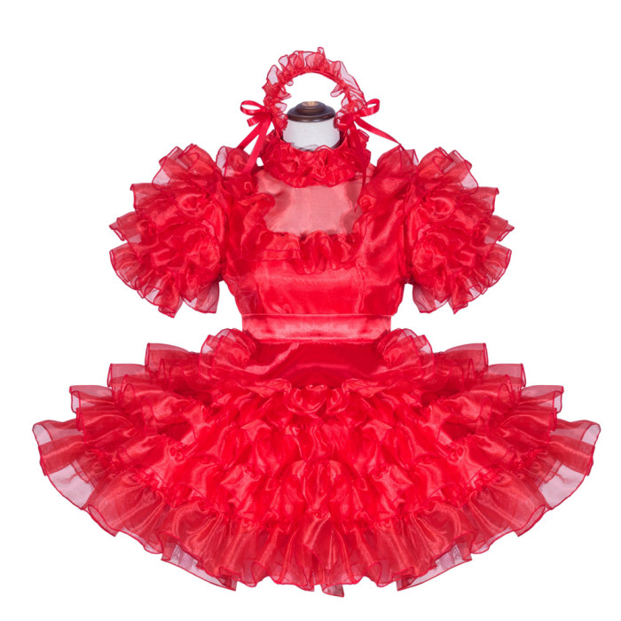 Red Organza Satin Sissy Maid Lockable High Collar Puff Sleeves Short Dress G4064