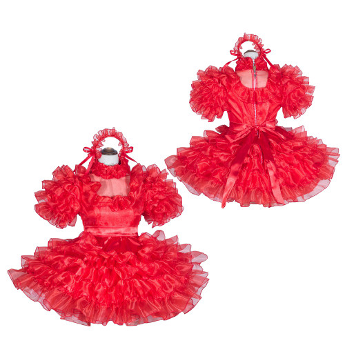 Red Organza Satin Sissy Maid Lockable High Collar Puff Sleeves Short Dress G4064