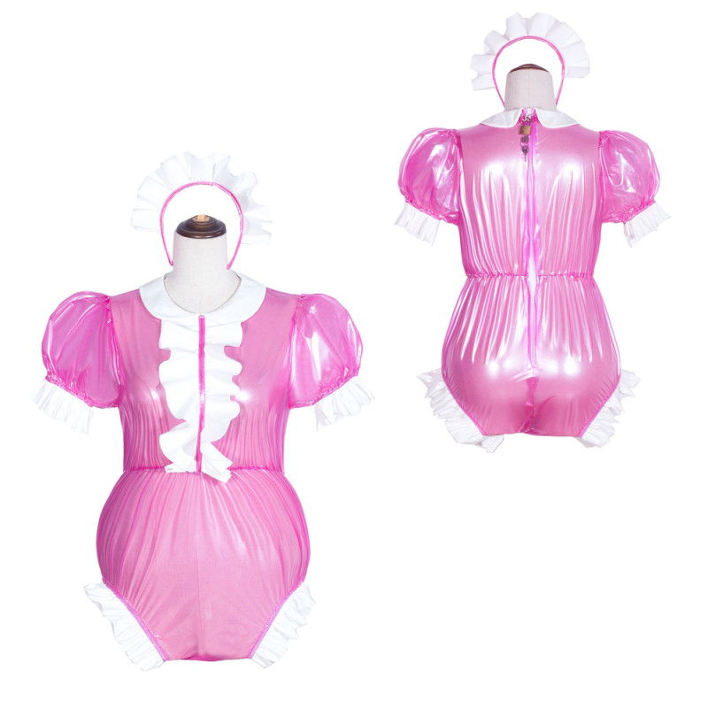 Hot Pink Clear PVC Sissy Maid Lockable Peter Pan Collar Puff Sleeves Short Romper G4067