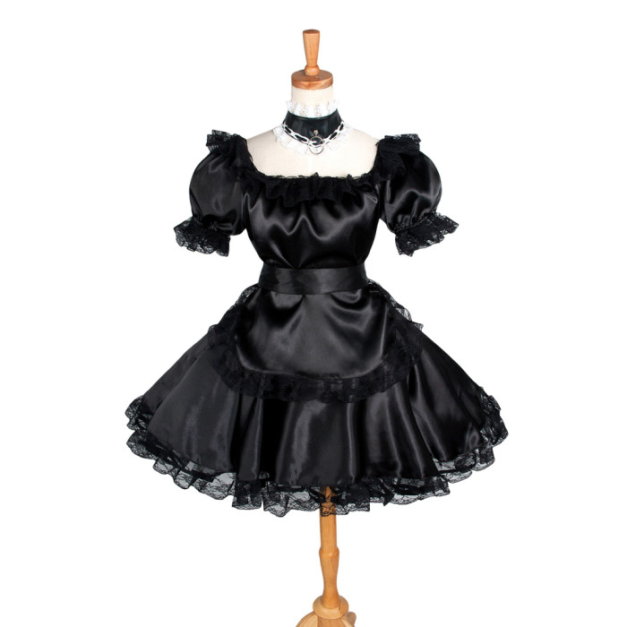 Black Satin Sissy Maid Square Collar Puff Sleeves Short Dress G1228
