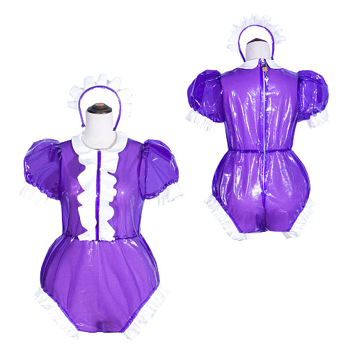 Purple Clear PVC Sissy Maid Lockable Peter Pan Collar Puff Sleeves Short Romper G4062