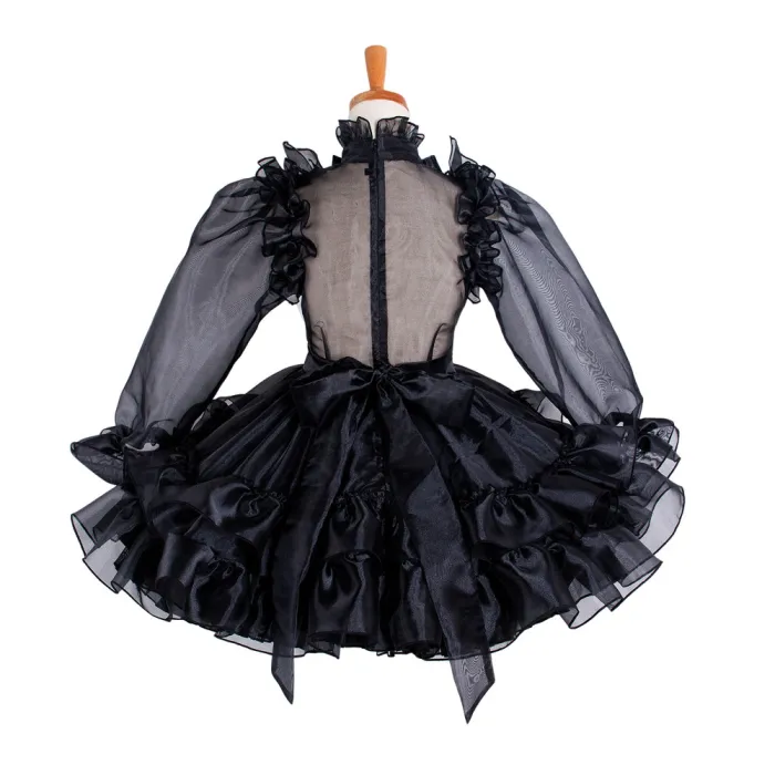 Black Satin Sissy Maid Lockable High Collar Puff Sleeves Short Dress G1214