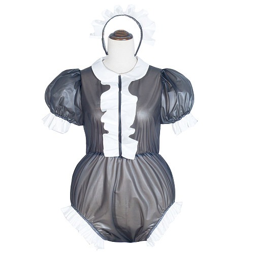 Black Clear PVC Sissy Maid Lockable Peter Pan Collar Puff Sleeves Short Romper G4058